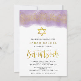 Purple Watercolor Gold Faux Glitter Bat Mitzvah Invitation