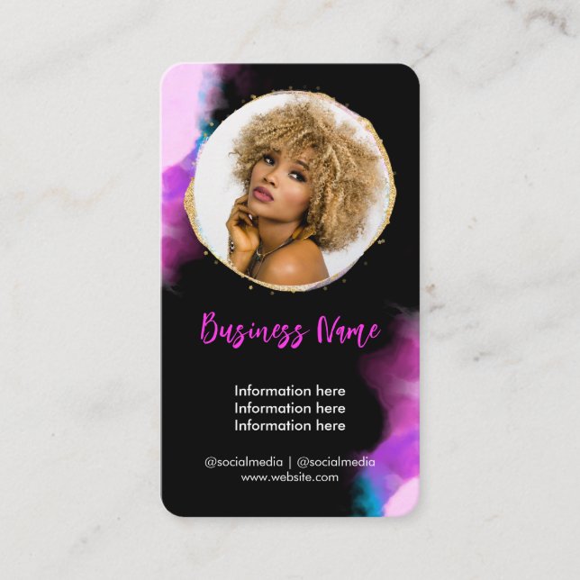 Purple Watercolor Gold Feminin Social Media Black Business Card (Front)