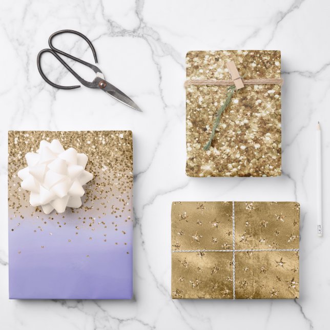 Purple Watercolor Gold Glam Glitter Wrapping Paper Sheets (Front)