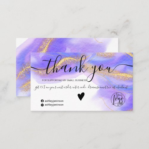 Purple watercolor gold glitter order thank you  business card