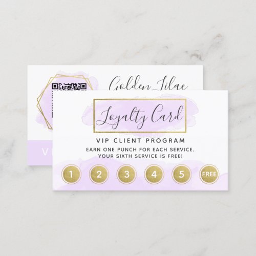 Purple Watercolor  Gold Loyalty Punch Stamp QR Business Card