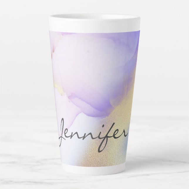 Purple Watercolor Gold Luxury Personalized Name Latte Mug (Front)