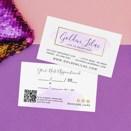 Purple Watercolor  Gold Nail Salon Appointment Business Card