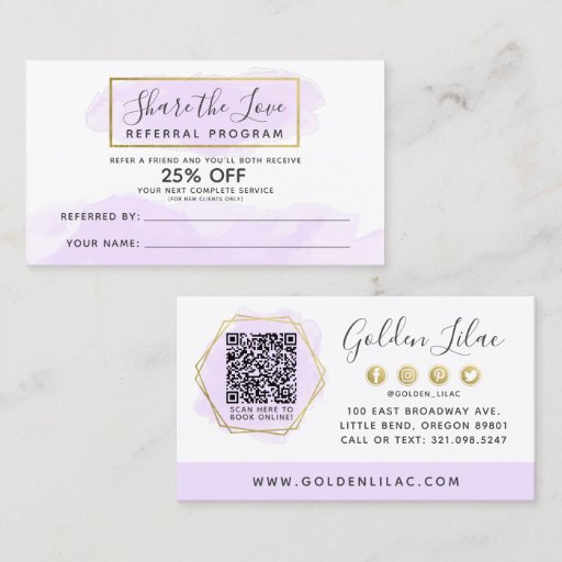 Customizable Purple Watercolor &amp; Gold Referral Program QR Code Business Card