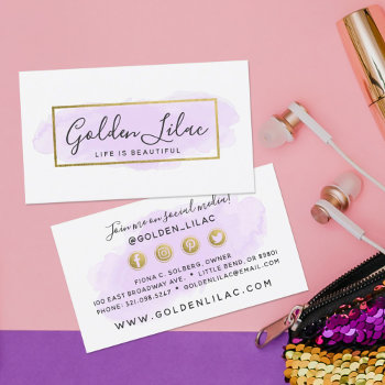 Purple Watercolor & Gold Social Media Network Business Card by CyanSkyDesign at Zazzle