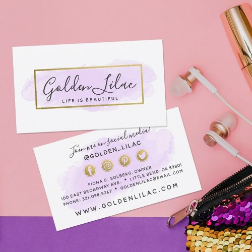 Purple Watercolor  Gold Social Media Network Business Card