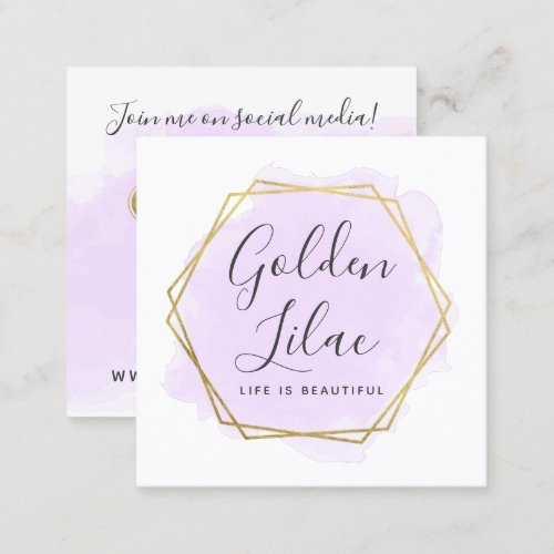 Purple Watercolor  Gold Social Media Network Square Business Card