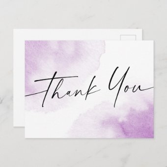 Purple watercolor handwritten script thank you postcard | Zazzle