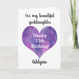 Purple Watercolor Heart 13th Birthday Goddaughter Card