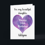 Purple Watercolor Heart 18th Birthday Daughter Card<br><div class="desc">A purple watercolor heart happy 18th birthday daughter card which you can personalize with her name on the front of the card. The inside card message can also be personalized. This would make a great personalized card keepsake for her eighteenth birthday.</div>