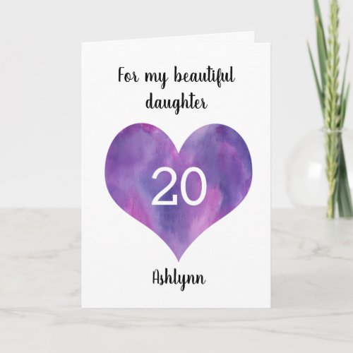 Purple Watercolor Heart 20th Birthday Card
