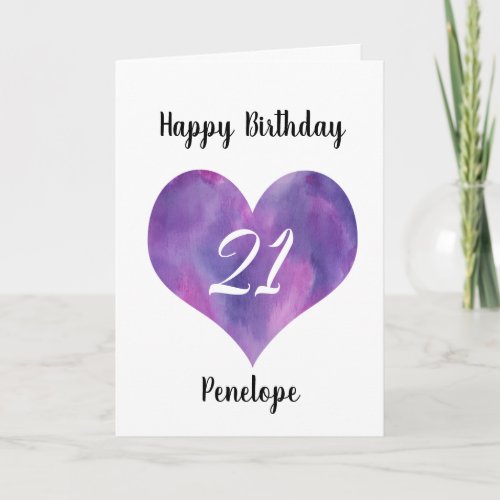Purple Watercolor Heart 21st Birthday Card