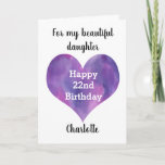 Purple Watercolor Heart 22nd Birthday Card<br><div class="desc">Pretty purple watercolor heart 22nd birthday card for daughter, granddaughter, etc. You will be able to easily personalize the front of the card with her name. The inside card message and back of the card can also be personalized. This personalized 22nd birthday card would make a great card keepsake for...</div>