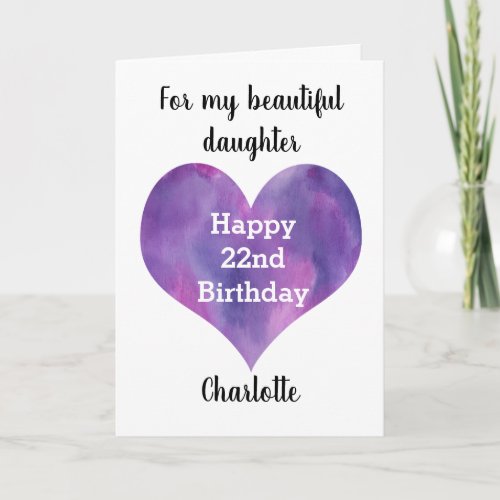 Purple Watercolor Heart 22nd Birthday Card