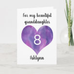 Purple Watercolor Heart 8th Birthday Card<br><div class="desc">A watercolor purple heart 8th birthday card for granddaughter, niece, daughter, etc. You will be able to easily personalize the front of this cute 8th birthday card with her name. The inside card message can also be edited if wanted. This would make a great personalized birthday card keepsake for her...</div>