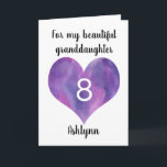 Purple Watercolor Heart 8th Birthday Card<br><div class="desc">A watercolor purple heart 8th birthday card for granddaughter, niece, daughter, etc. You will be able to easily personalize the front of this cute 8th birthday card with her name. The inside card message can also be edited if wanted. This would make a great personalized birthday card keepsake for her...</div>
