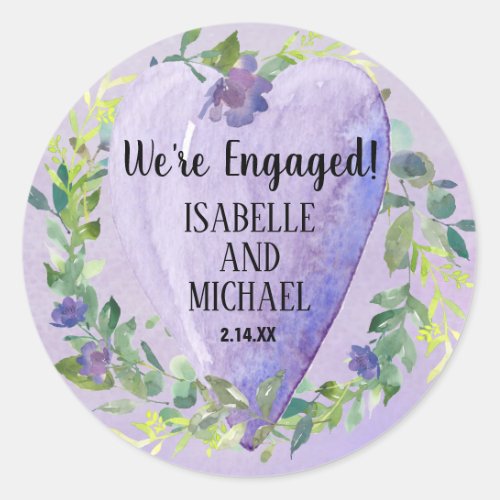 Purple Watercolor Heart and Flowers Engagement Classic Round Sticker