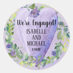 Purple Watercolor Heart and Flowers Engagement Classic Round Sticker