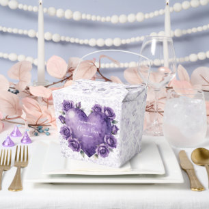 Purple Watercolor Heart and Roses Wedding Favor Boxes