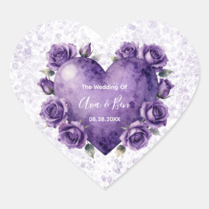 Purple Watercolor Heart and Roses Wedding Sticker