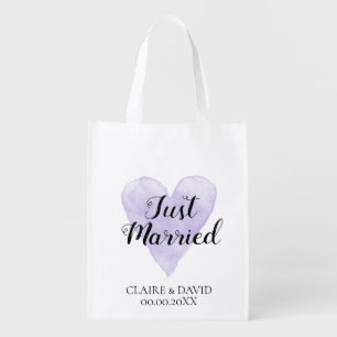 Purple watercolor heart reusable wedding tote bag