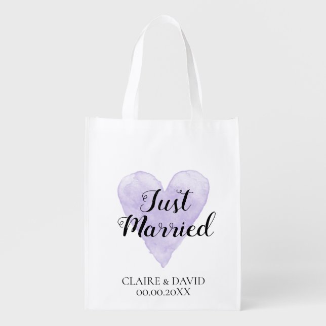 Purple watercolor heart reusable wedding tote bag (Front)
