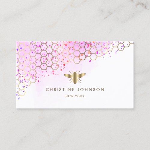 purple watercolor honeycomb faux gold foil bee business card