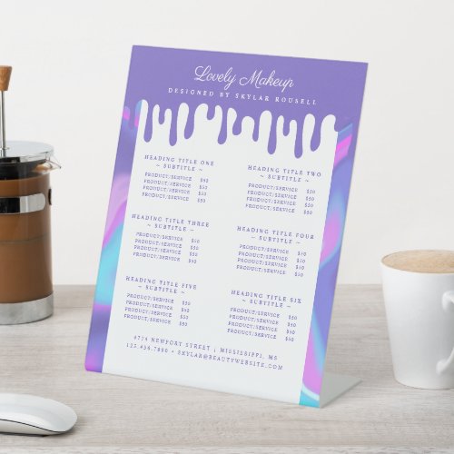 Purple Watercolor Iridescent Hologram Price List Pedestal Sign