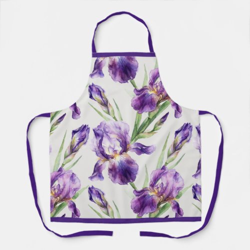 Purple Watercolor Iris Floral Botanical Apron