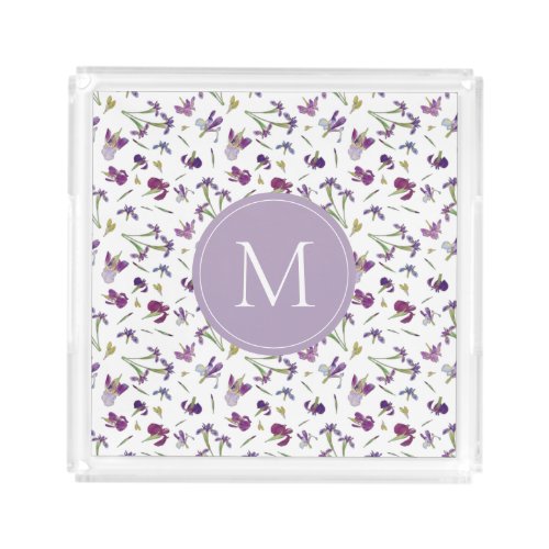 Purple Watercolor Iris Flowers Pattern Monogram Acrylic Tray