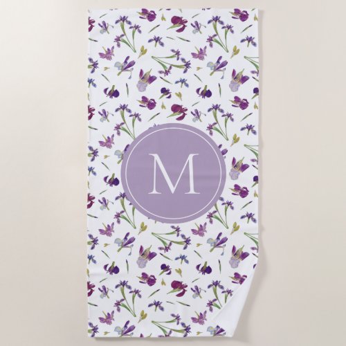 Purple Watercolor Iris Flowers Pattern Monogram Beach Towel