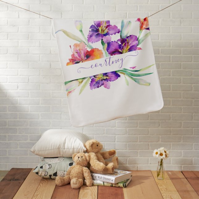 Purple watercolor Iris personalized Baby Blanket (In Situ)