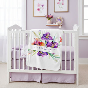 Purple watercolor Iris personalized Baby Blanket