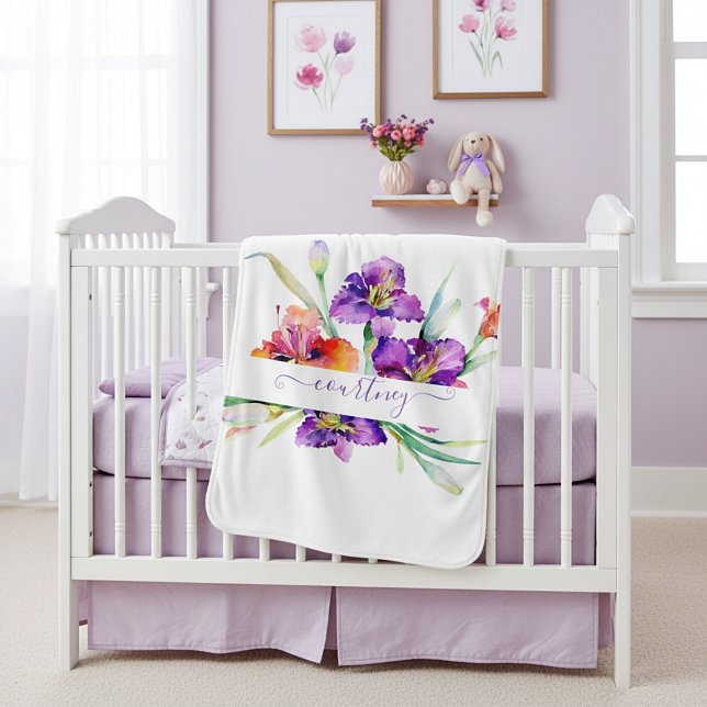 Purple watercolor Iris personalized Baby Blanket (Creator Uploaded)