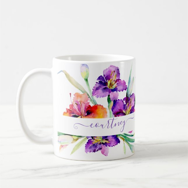 Purple watercolor Iris personalized Coffee Mug (Left)