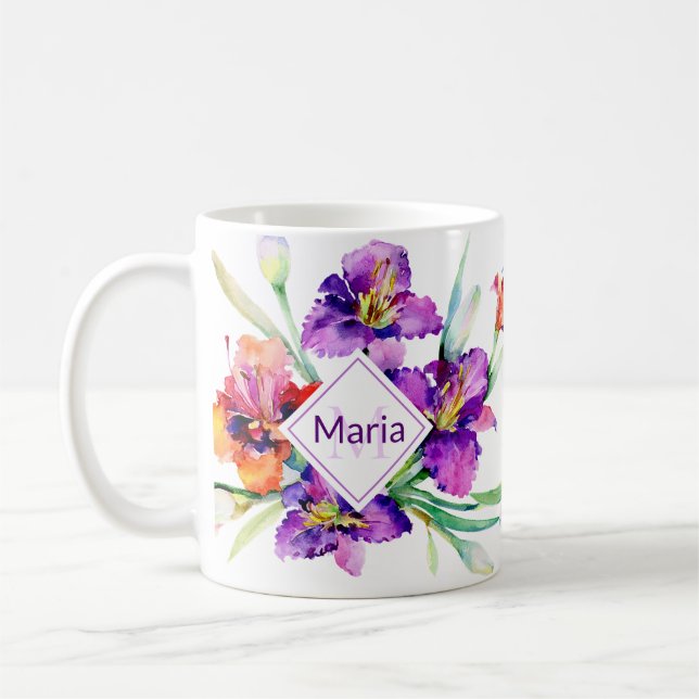 Purple watercolor Iris personalized Coffee Mug (Left)