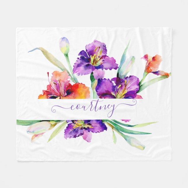 Purple watercolor Iris personalized  Fleece Blanket (Front (Horizontal))