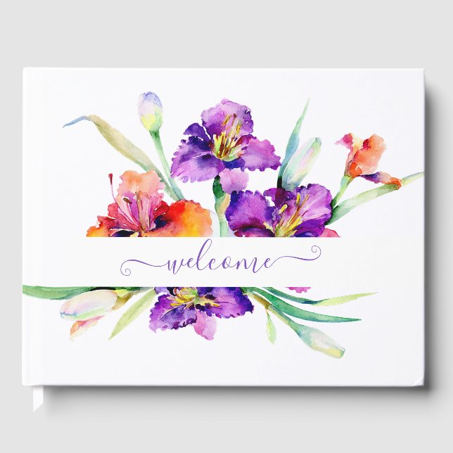 Purple watercolor Iris personalized  Guest Book (Front)