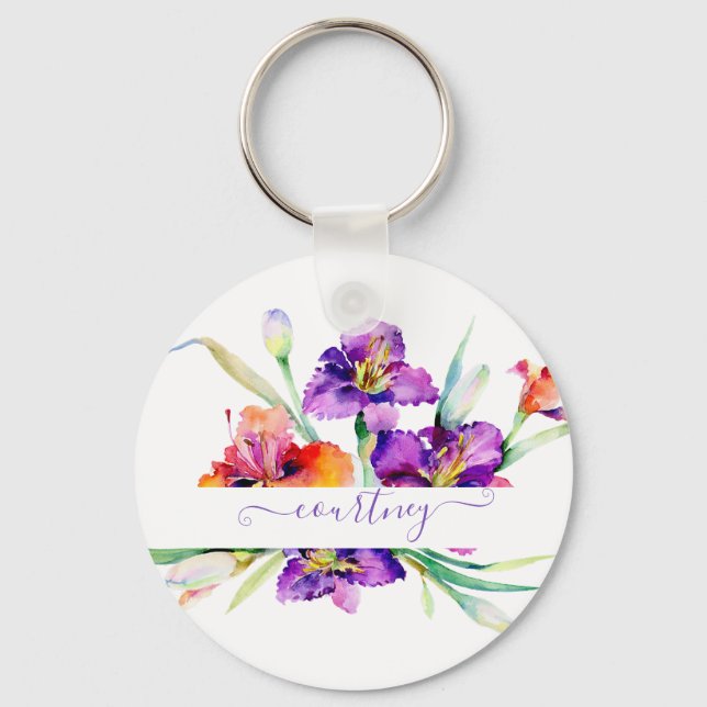Purple watercolor Iris personalized  Keychain (Front)