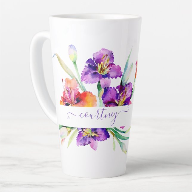 Purple watercolor Iris personalized  Latte Mug (Left Angle)