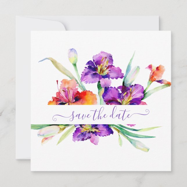 Purple watercolor Iris personalized  Save The Date (Front)