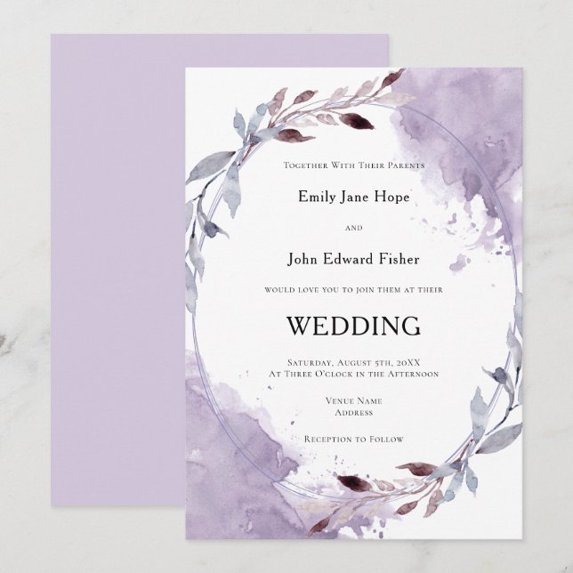 Purple Watercolor Leafy Border Wedding Invitation (Front/Back)