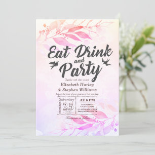 Purple Watercolor Leaves EAT Drink & Party Wedding Invitation