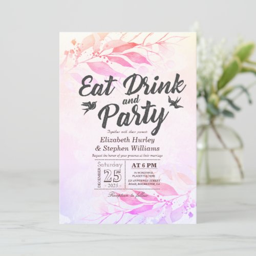 Purple Watercolor Leaves EAT Drink  Party Wedding Invitation