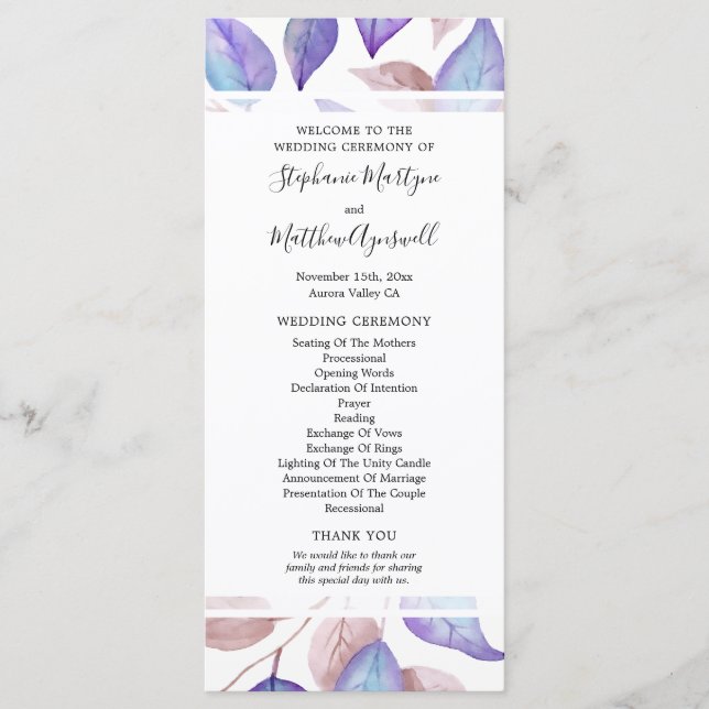 Purple Watercolor Leaves Foliage Wedding Ceremony Program (Front)