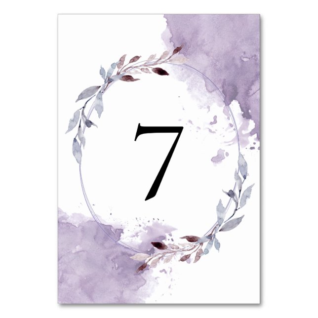 Purple Watercolor Leaves Frame Wedding Table Number (Front)