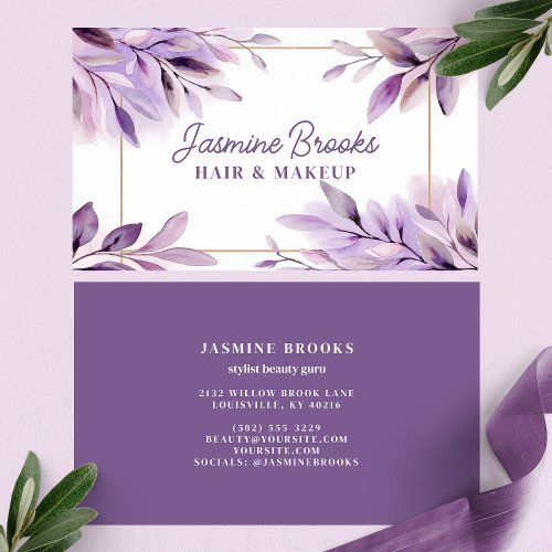 Purple Watercolor Leaves Gold Frame Business Card