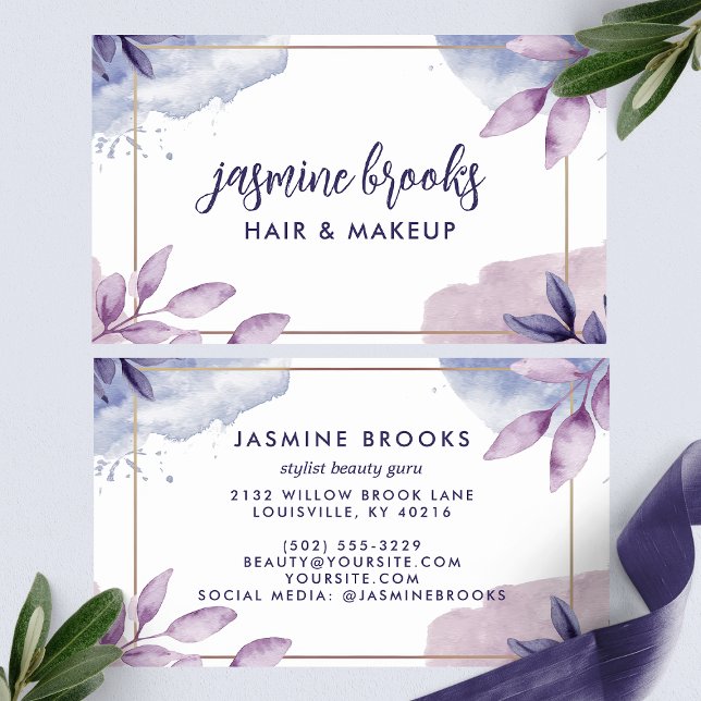 Purple Watercolor Leaves Gold Frame Business Card (Creator Uploaded)
