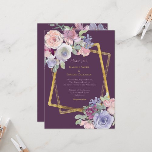 Purple Watercolor Lilac  Blush Roses Gold Frame Invitation