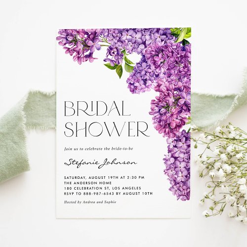 Purple Watercolor Lilac Flowers Bridal Shower Invitation